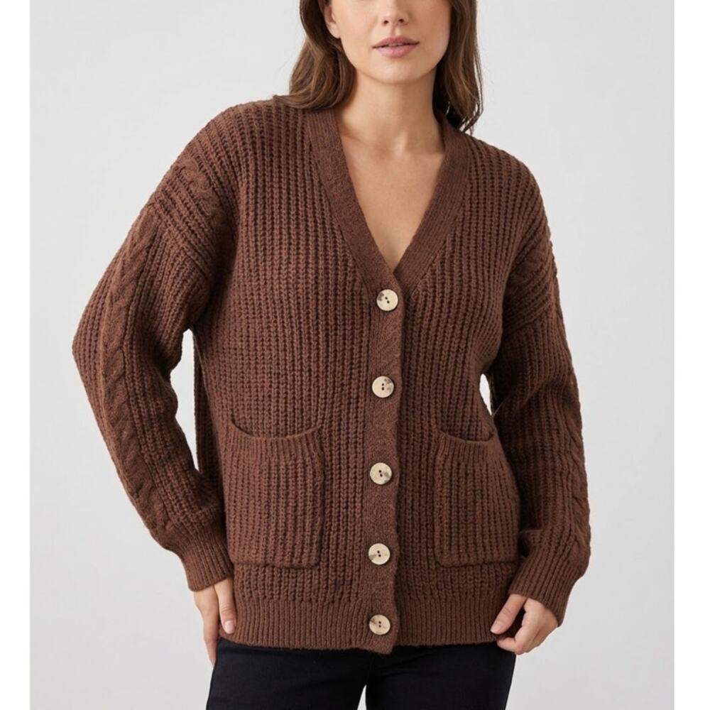 ROMWE Chunky Knit Cable Sleeve Cardigan Brown Medium